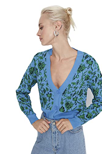 Trendyol Damski standardowy standardowy kardigan z dzianiny z dekoltem w serek, NIEBIESKI, S