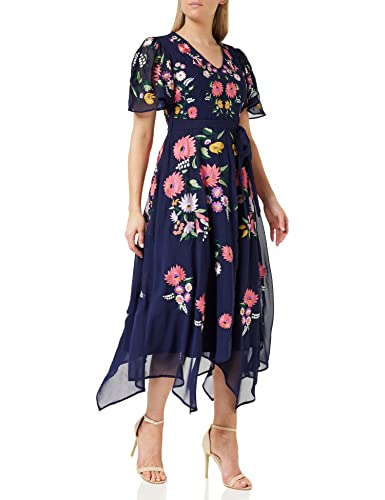 Frock and Frill Damska kwiecista haftowana sukienka na specjalne okazje, granatowa, 12, granatowy, 38