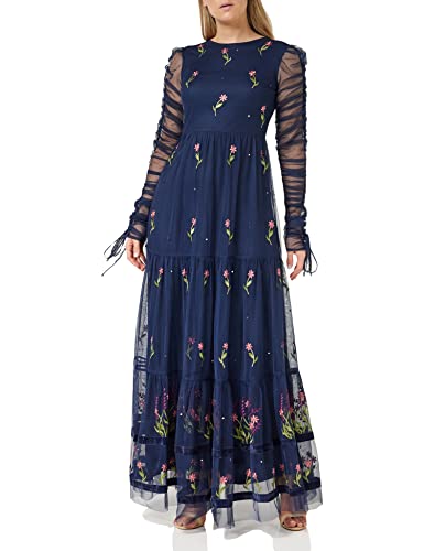 Frock and Frill Damska kwiecista haftowana sukienka na specjalne okazje, granatowa, 14, granatowy, 40