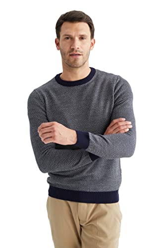 DeFacto Męski sweter z dzianiny z długim rękawem okrągły dekolt - slim fit sweter dla mężczyzn topy (granatowy, M), grantowy, M