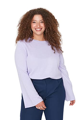 Trendyol Damska bluza z okrągłym dekoltem, jednokolorowa, regularna, plus size, lilia, 3XL, lilia