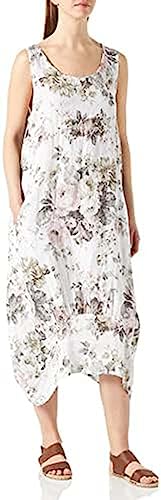 Bonateks, Długa sukienka z dekoltem w serek i nadrukiem kwiatowym, 100% len, rozmiar DE:34, rozmiar US:S, biała - wyprodukowano we Włoszech, biały, 34