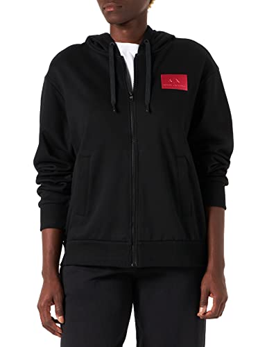 Armani Exchange Damska bluza z kapturem, ściągacze, naszywka z logo na przodzie, czarna, duża