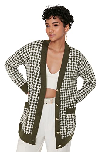 Trendyol Damski regularny kardigan z dzianiny z dekoltem w serek, Khaki, S