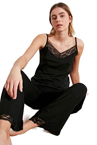 Trendyol Damski gładki koronka/siatka/siatka szczegółowy dzianinowy stanik - spodnie zestaw piżamowy, Czarny, M