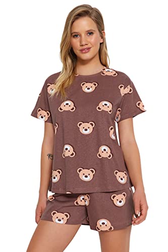 Trendyol Damska koszulka z dzianiny graficznej - zestaw krótkich piżam, brązowy, M, Brązowy, M