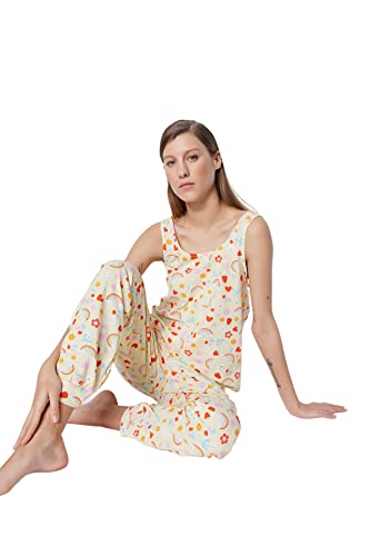 Trendyol Damska koszulka z dzianiny graficznej - zestaw krótkich piżam, żółto-wielokolorowy, S, Żółto-wielokolorowy, S