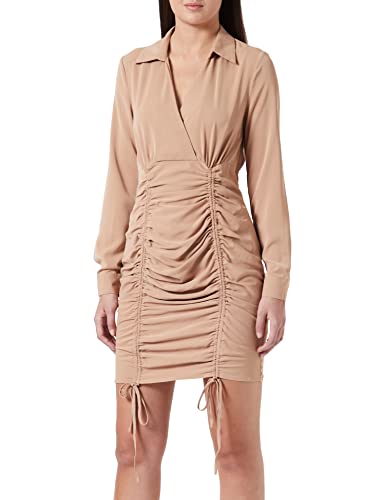 Pretty Darling Damska koszula z dekoltem w serek z marszczonym obcisłą sukienką na co dzień, 14, Piasek, 40-42