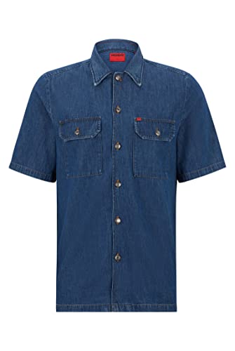 HUGO Elpy Relaxed-Fit męska koszula dżinsowa z czystej bawełny, niebieski, M