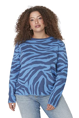 Trendyol Damska bluza z okrągłym dekoltem żakardowa dopasowana plus size, NIEBIESKI, 4XL