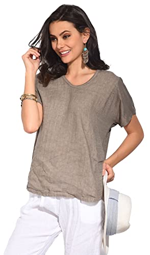 Tunika damska 100% lniana Made in Italy, Dwumateriałowy top z dekoltem V z zagięciami z tyłu i krótkimi rękawami, Desert, Rozmiar: XL, Pustynia, XL