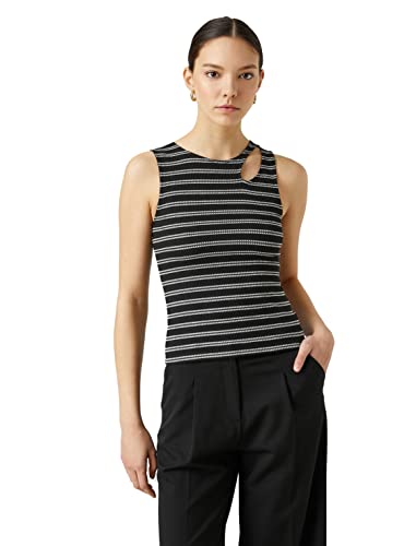 Koton Damski top z okrągłym dekoltem w paski, Black Stripe (02N), M