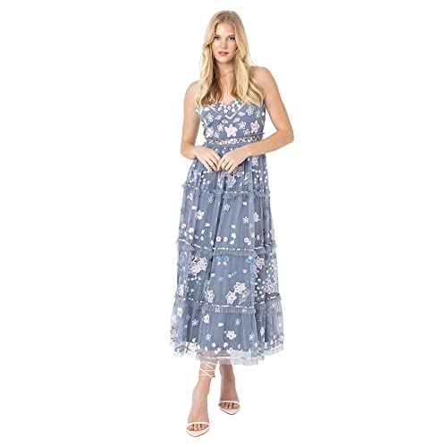 Maya Deluxe damski Midi Ladies Embroidered Kwiatowy Ruffle Bezrękawny V Szyja Sukienka dla Ślubnego Gości Panny Młodej Prom Evening Sukienka Damska, Dusty Blue, 40