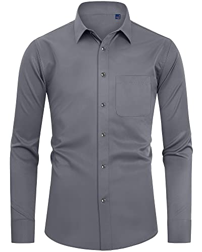 siliteelon Męska koszula ze stretchu, z długim rękawem, męska koszula casualowa, regularny krój, koszule rekreacyjne, łatwe prasowanie, garnitur biznesowy, szary, L
