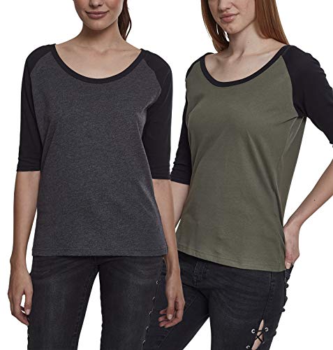 Urban Classics Damska koszulka damska 3/4 Contrast Raglan Tee T-Shirt wielokolorowa (Cha/Blk & OLV/Blk (2-pak) 02155), rozmiar producenta: Large (per of 2)