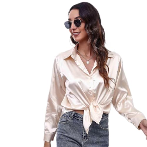 Clotth Damska koszula z długim rękawem z satynowego jedwabiu Button Down Shirt, Szampanowy-L, L