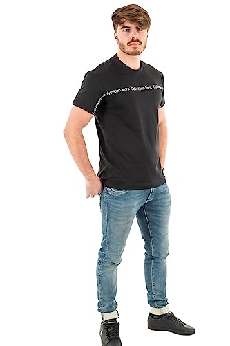 Calvin Klein Męska koszulka z logo z taśmą S/S dzianinowe topy, czarny Ck, 3XL, Ck czarny, 3XL