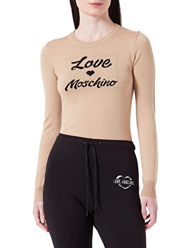 Love Moschino Damski sweter z długim rękawem, krój slim fit, z włoskim logo, żakard, Intarsia, Melange Rust Light Brown, 44