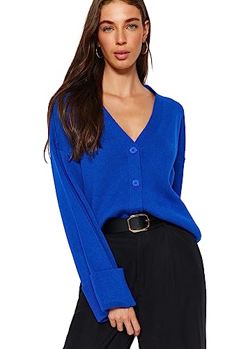 Trendyol FeMan Regular Fit Basic V Neck Dzianina Kardigan, Sax, S, Saksofon, S