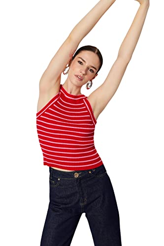 Trendyol Damska bluzka z dzianiny slim fit basic wiązana na szyi, Czerwony, M