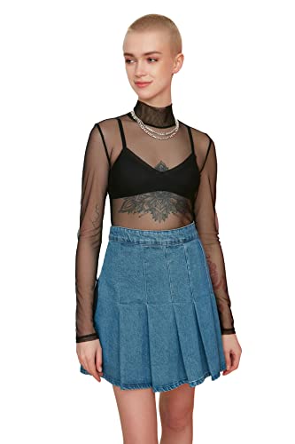 Trendyol Women's czarna sztywna bluza z tiulu, dzianinowa bluzka, czarna, rozmiar L