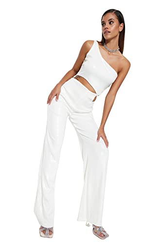 Trendyol Kombinezon damski, jednokolorowy, tkany kombinezon, Ecru, 14