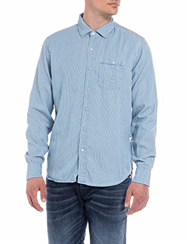 Replay Męska koszula M4066, 010 jasnoniebieska/biała paska, XL, 010 Light Blue/White Stripe, XL