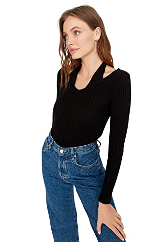 Trendyol Damski sweter z dzianiny slim basic z dekoltem w serek, Czarny, L