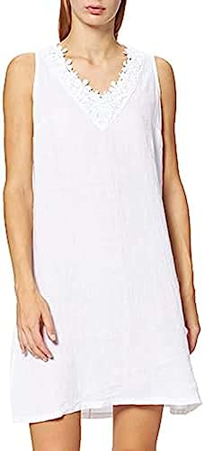 Bonateks, Sukienka bez rękawów z haftem przy dekolcie w kształcie litery V, 100% len, rozmiar DE:40 rozmiar US: XL, biała - wyprodukowano we Włoszech, biały, 40