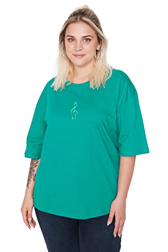 Trendyol Damska koszulka plus size, regularna, podstawowa, z okrągłym dekoltem, dzianinowa koszulka plus size, ZIELONY, 3XL