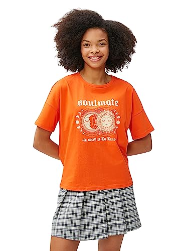 Koton Damska koszulka z nadrukiem Crew Neck Cotton Short Sleeev Printed, Pomarańczowy (209), S