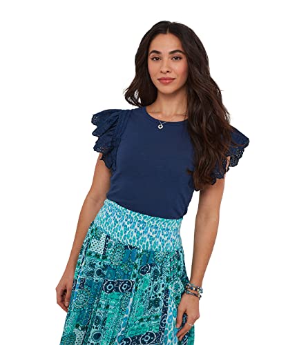 Joe Browns Damska koszulka bez rękawów Basic Broderie Frill Crew Neck T-Shirt, niebieski, 10, granatowy, 36