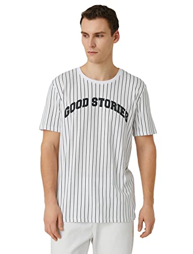 Koton Męski T-shirt z nadrukiem z okrągłym dekoltem i krótkim rękawem, Białe paski (10N), S