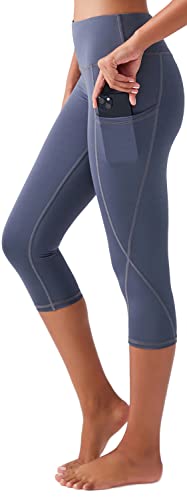 Los Ojos Damskie legginsy Capri – spodnie do jogi z kieszeniami, legginsy treningowe z wysoką talią boczkową, dla kobiet, czarny (Kohle), L