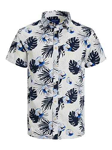 JACK & JONES Męska koszula z krótkim rękawem nadruk All-Over-Print, Cloud Dancer, XL