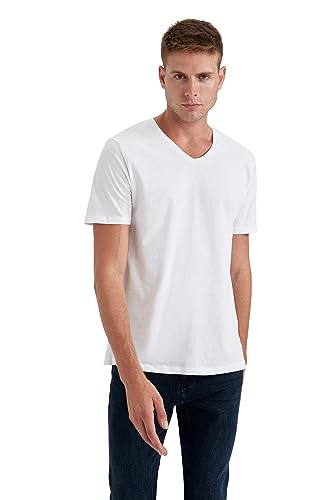 DeFacto Męski Basic Slim Fit T-shirt męski z dekoltem w serek – klasyczny T-shirt dla mężczyzn, biały, L