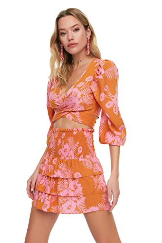 Trendyol Women's kwiatowy wzór Gipeli Sub-Top-Team Skirt Set, pomarańczowy, 34