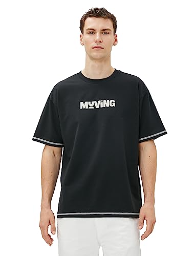 Koton Koszulka męska oversized slogan Printed Crew Neck Short Sleeve, czarny (999), M