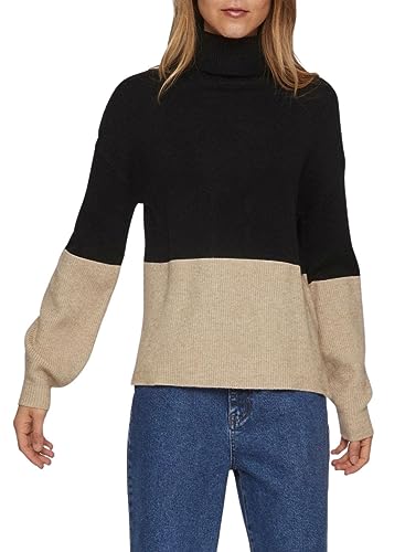 Vila Viril Blocking Roll-NK L/S Knit Top-Noos Damska bluza z dzianiny, Czarny/Szczegóły: Naturalna mieszanka żebrowana, L