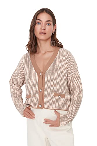 Trendyol Damski standardowy standardowy kardigan z dzianiny z dekoltem w serek, Brązowy, S