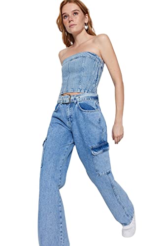 Trendyol Damskie spodnie jeansowe z wysokim stanem i szeroką nogawką, Jasnoniebieski, 32