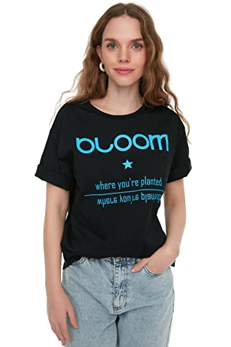 Trendyol Damska koszulka oversize z okrągłym dekoltem, Czarny, XS