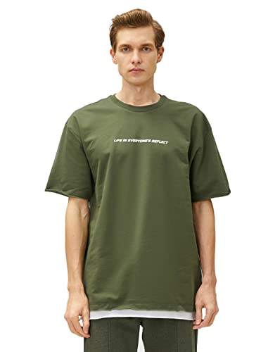Koton Męski t-shirt z nadrukiem z nadrukiem z okrągłym dekoltem, khaki (890), XL