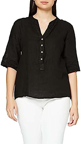 Bonateks, Bluzka z kołnierzem tunezyjskim z koronkową wstawką i długimi nakładanymi rękawami, 100% len, rozmiar DE:40, rozmiar US:XL, topy, czarna - wyprodukowano we Włoszech, czarny, 40