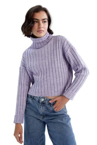 DeFacto Sweter normalny krój dla kobiet - sweter z golfem na topy damski (fioletowy, XL), fioletowy, XL