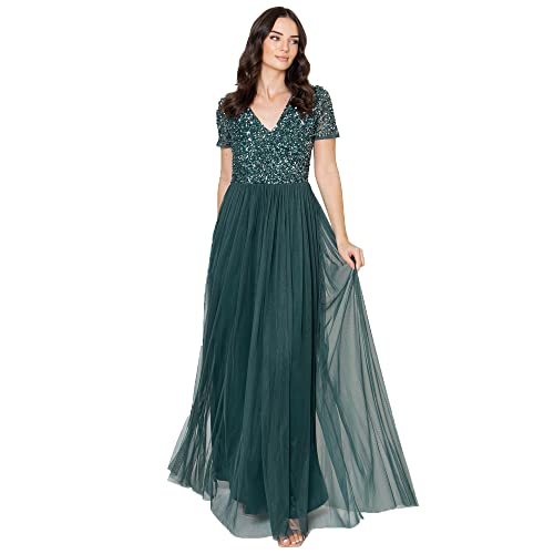 Maya Deluxe Women's V Neckline Embellished V Neck Maxi Dress Short Sleeve Empire Waist Prom Graduation Bridesmaid Wedding Guest Sukienka dla druhny Kobieta, Emerald Green, 22