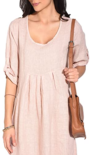 Sukienka damska 100% lniana Made in Italy, długa sukienka bez rękawów z dekoltem w serek, satyna, rozmiar: XL, Satyna, XL