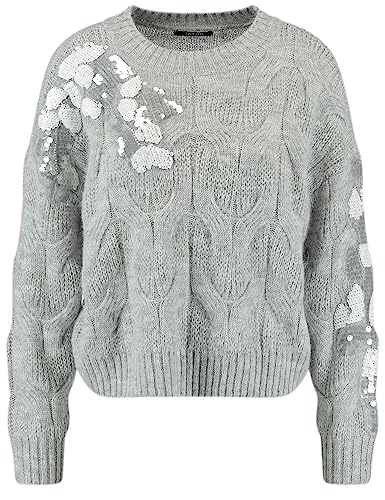 Taifun Damski sweter z cekinami, zdobiony długim rękawem, sweter z długim rękawem, okrągły dekolt, sweter melanżowy, jednokolorowy, Wzór Silver Shine, 42
