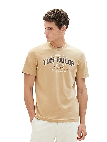 TOM TAILOR Męski T-shirt z nadrukiem logo, 10942-Beach Sand, 3XL