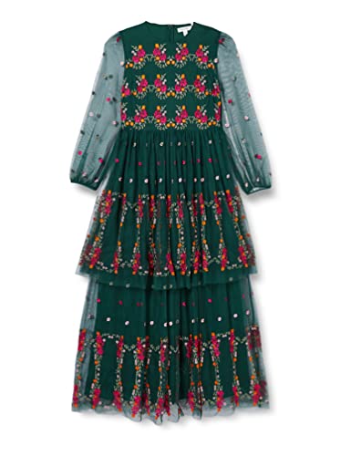 Frock and Frill Damska kwiecista haftowana sukienka na specjalne okazje, zielona, 10, ZIELONY, 36